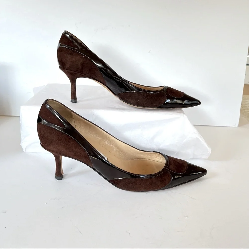 Jimmy Choo brown suede patent leather kitten heels 37.5